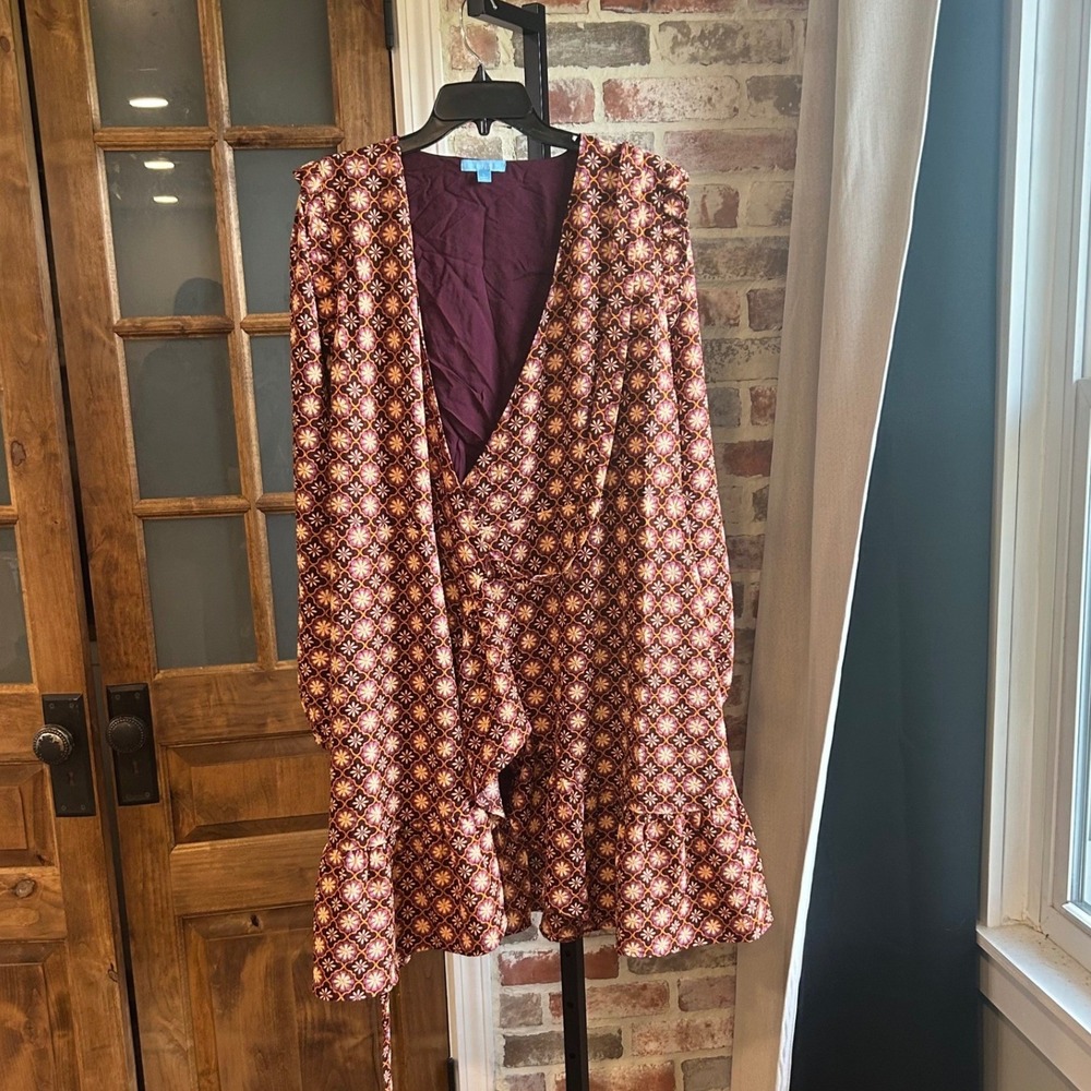 Draper James Wrap Dress Women Brown Multi Long Puff Sleeve Ruffle Floral Retro L